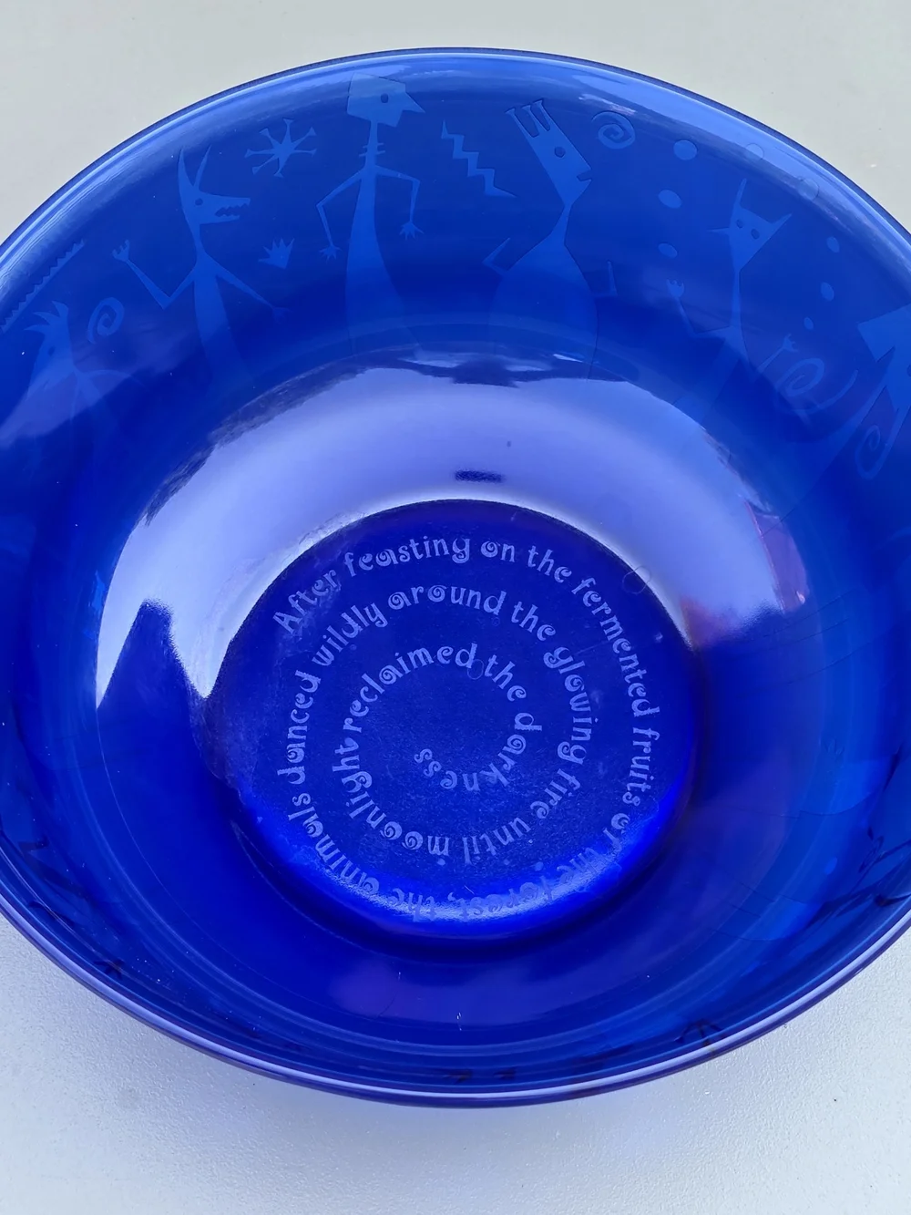 Leandra Drumm Etched Blue Glass Bowl with Whimsical Figures 9
